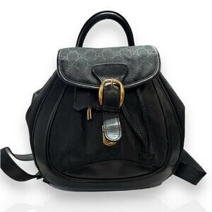 GUCCI Vintage Black Signature Jacquard & Leather Trim Backpack